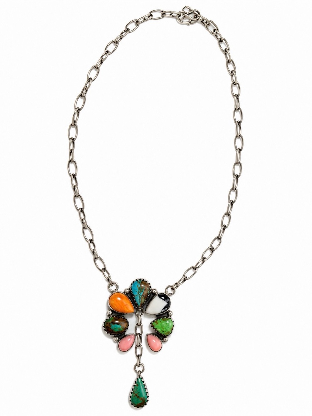 Sterling Silver Multi-Stone Turquoise Spiny Oyster Statement Necklace 18”